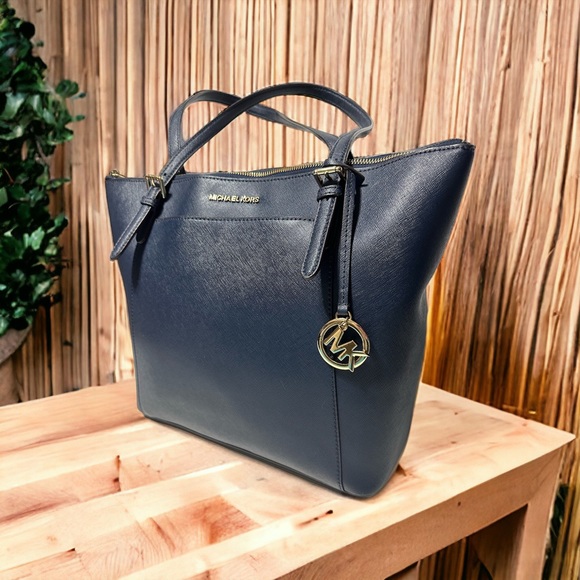 Michael Kors Ciara Navy Blue Saffanio Leather Two Strap Zippered Shoulder Tote - Picture 11 of 12